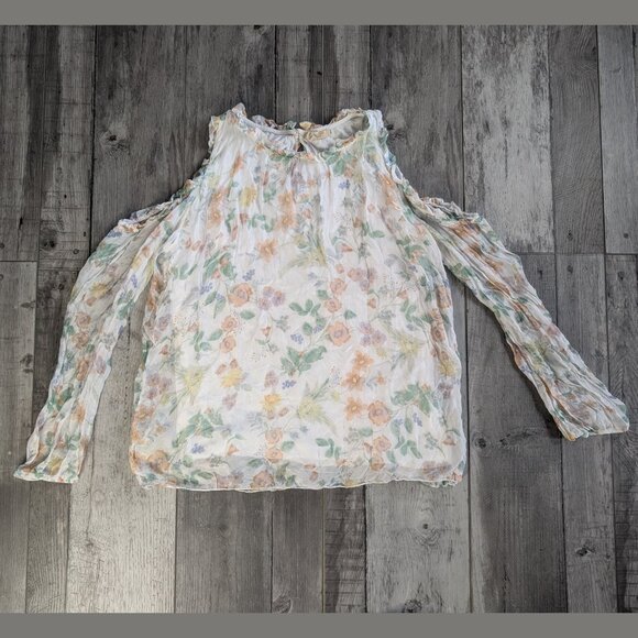 Giusy Tops - Giusy, Silk Ruffle Cold Shoulder Light Pastel Floral Silk Blouse, Sz S, ITALY